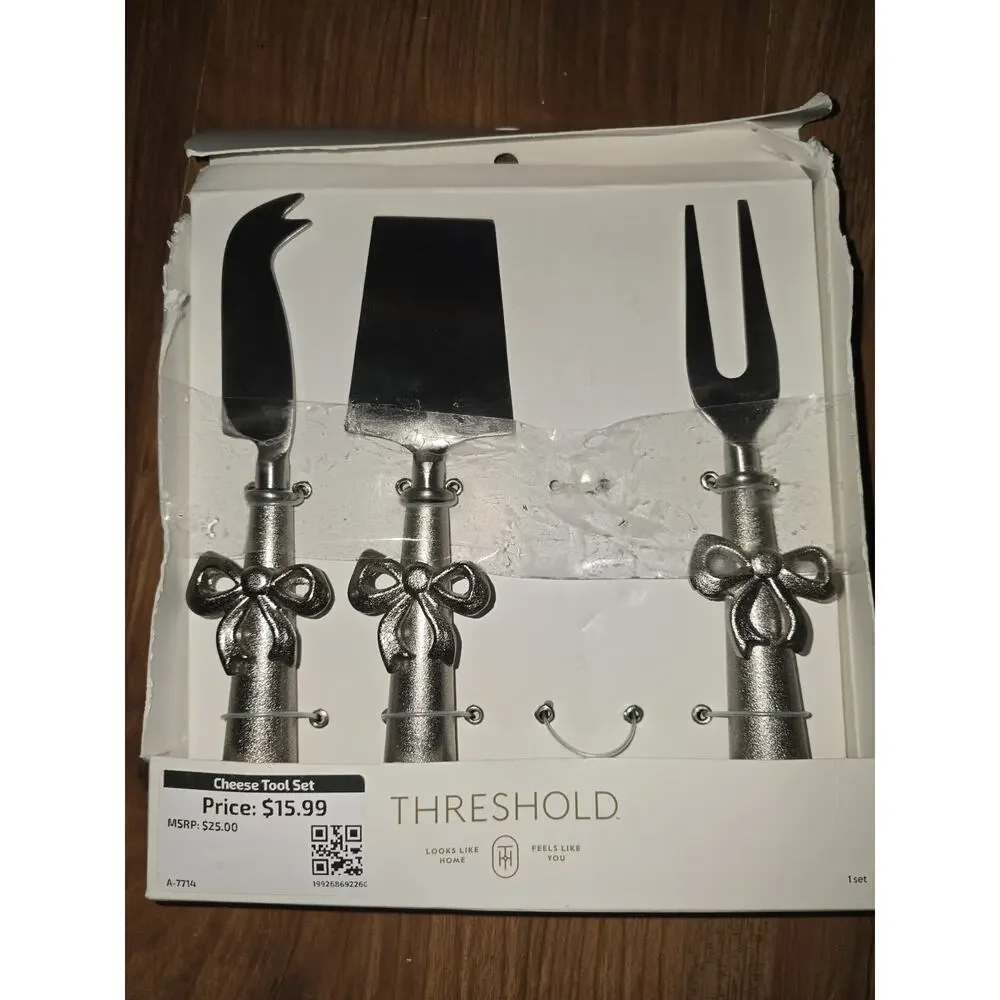 NEW Target Threshold 4pk Bow Cheese Set Silver Stainless Steel Charcuterie s16